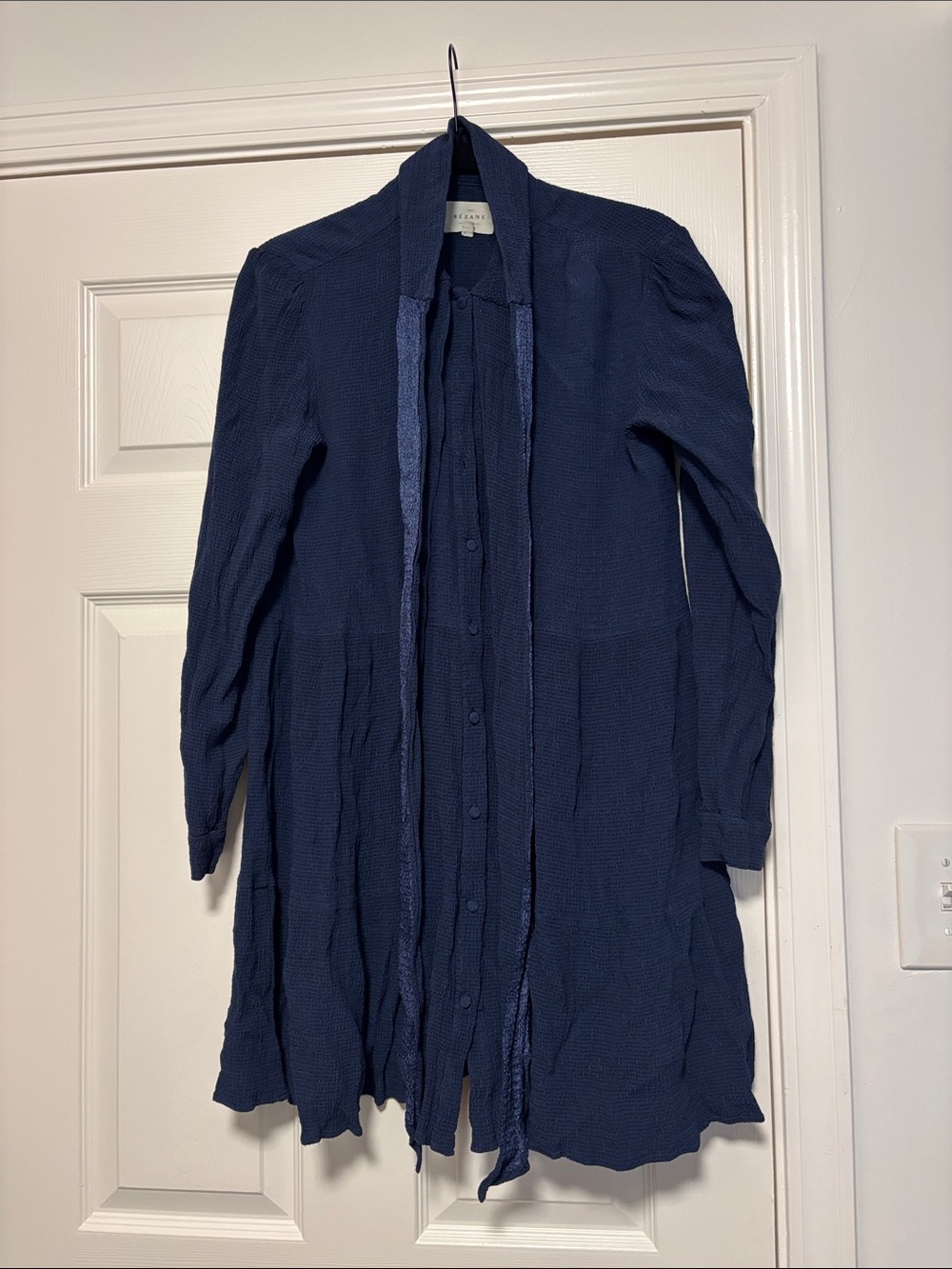 Sezane Navy Button-Front Long Sleeve Dress